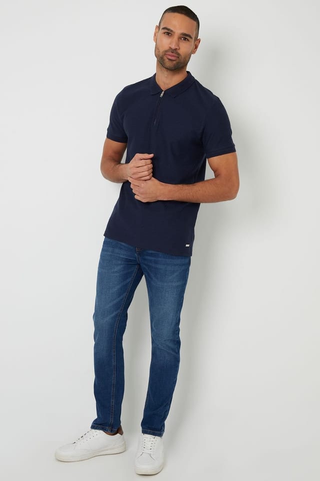 Threadbare Threadbare Men's Textured Cotton Quarter Zip Polo Shirt in Navy - 3