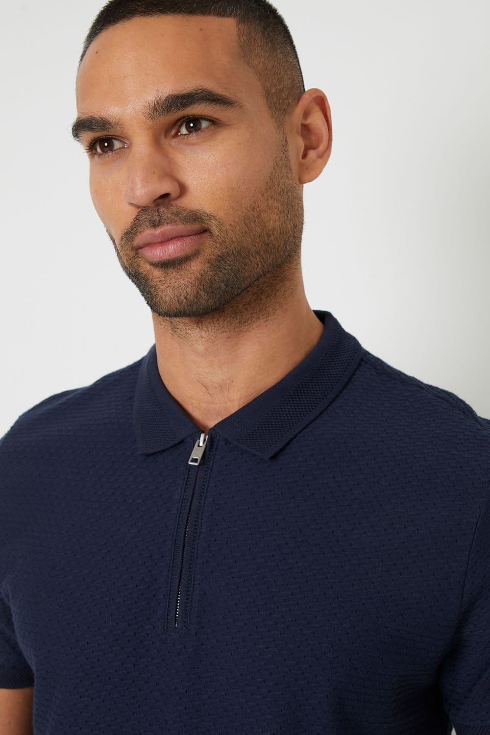 Threadbare Threadbare Men's Textured Cotton Quarter Zip Polo Shirt in Navy - 4
