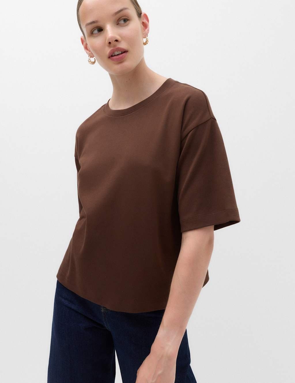 Marks & Spencer M&S Pure Cotton Striped Boxy T-Shirt Dark Chocolate