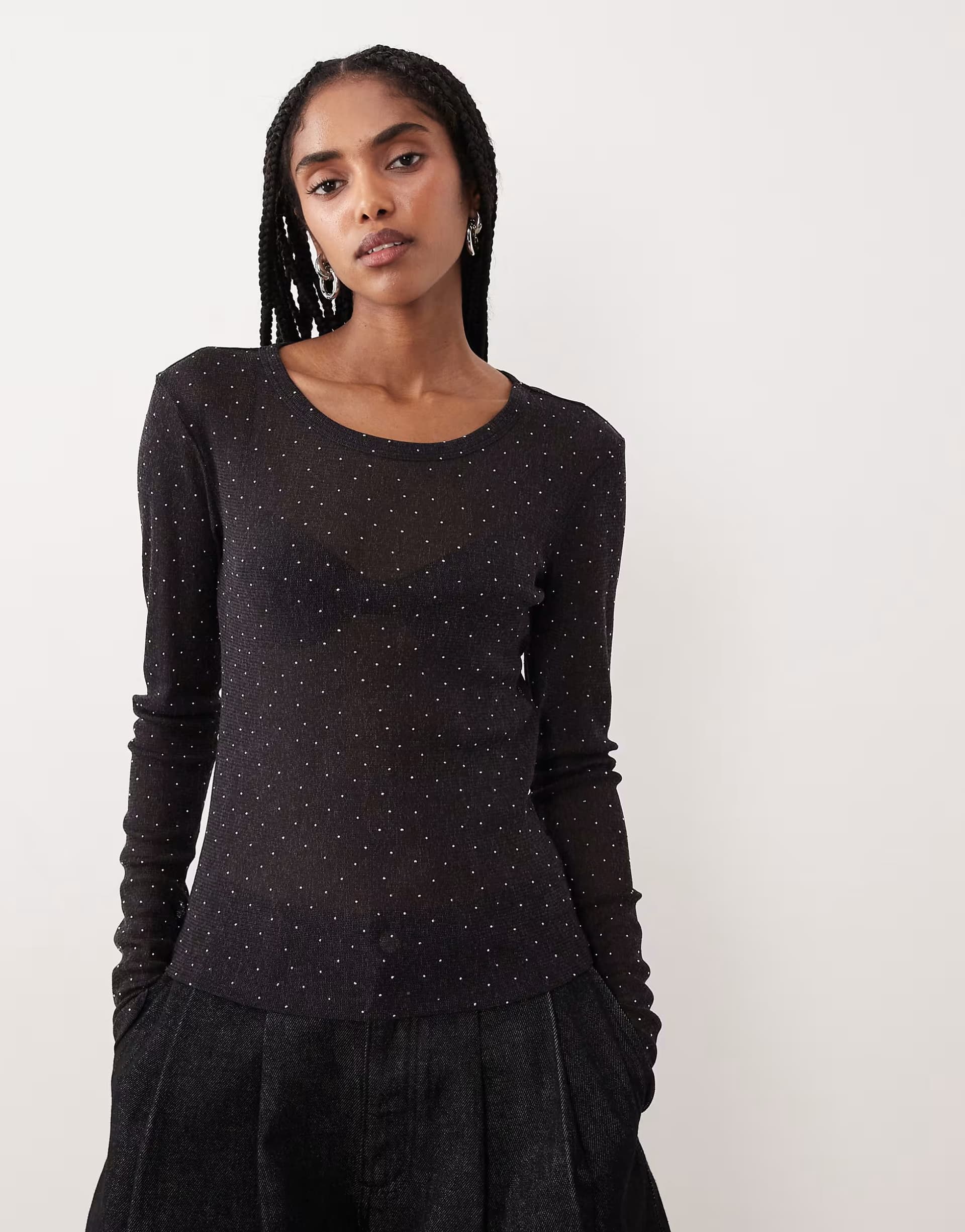 ASOS Gina Tricot slim fit long sleeve rhinestone sheer top in black
