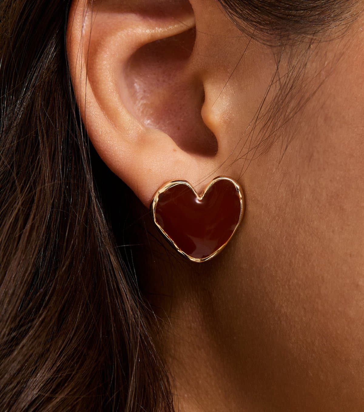 New Look Gold Tone Burgundy Enamel Heart Gold Stud Earrings New Look