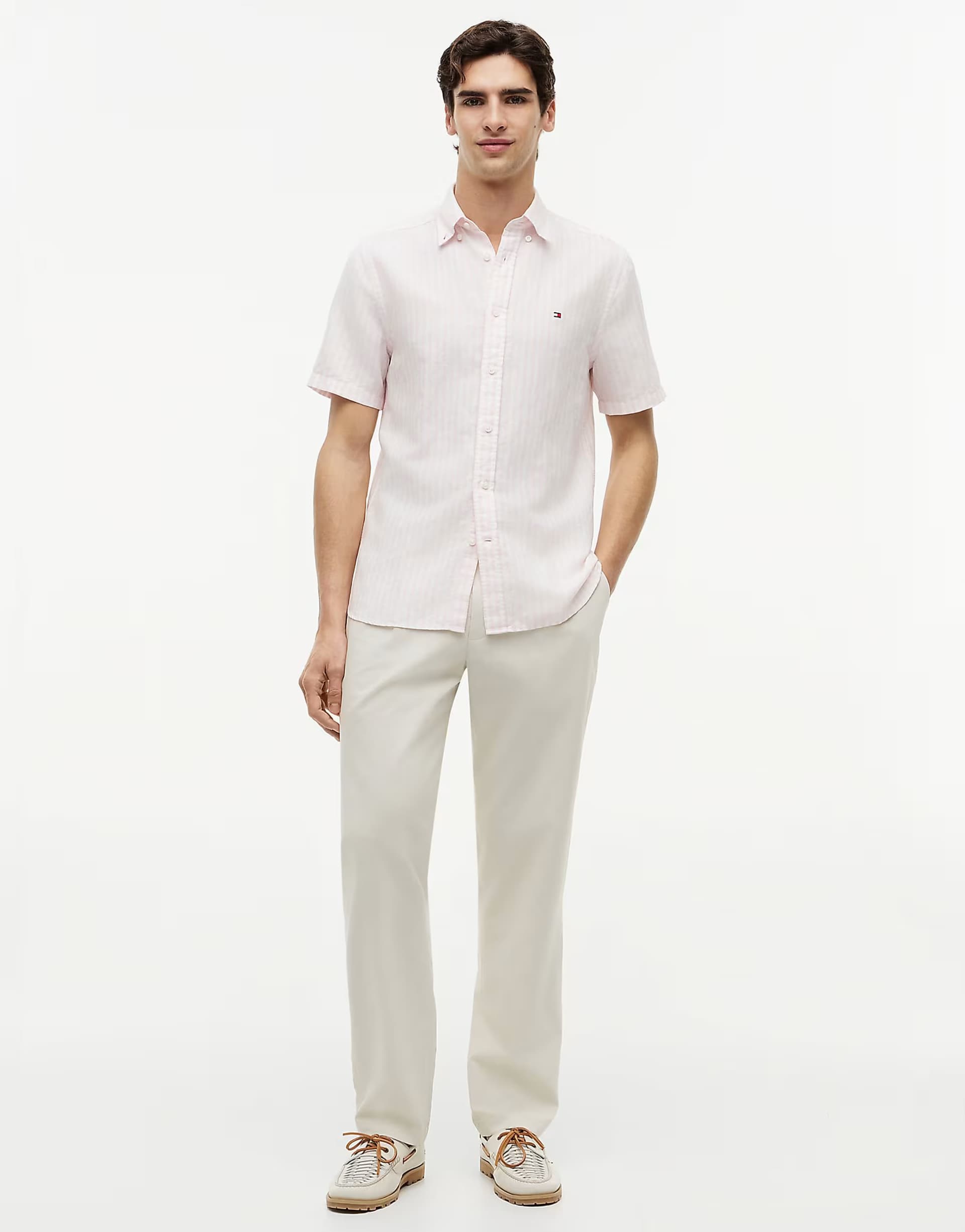 ASOS Tommy Hilfiger Regular linen blend bengal stripe short sleeve shirt in light pink