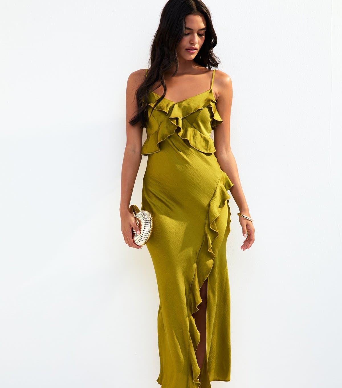 New Look Women's Olive Green Frill Satin Midi Slip Dress New Look
