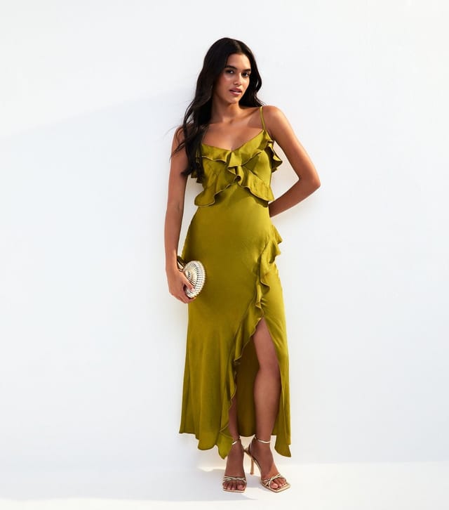 New Look Women's Olive Green Frill Satin Midi Slip Dress New Look - 3