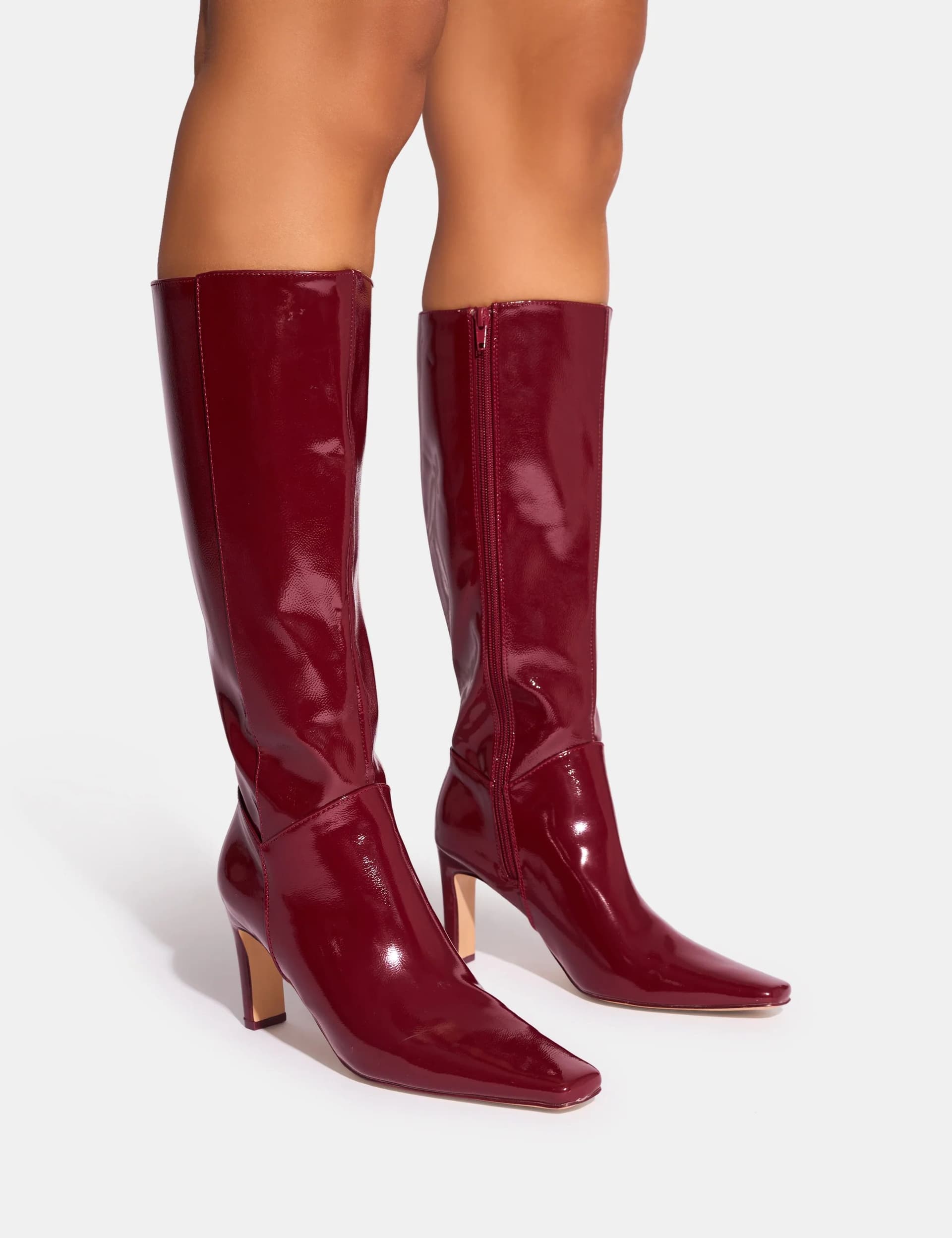 Public Desire Pose Burgundy Patent Zip Knee High Slim Block Heeled Boots
