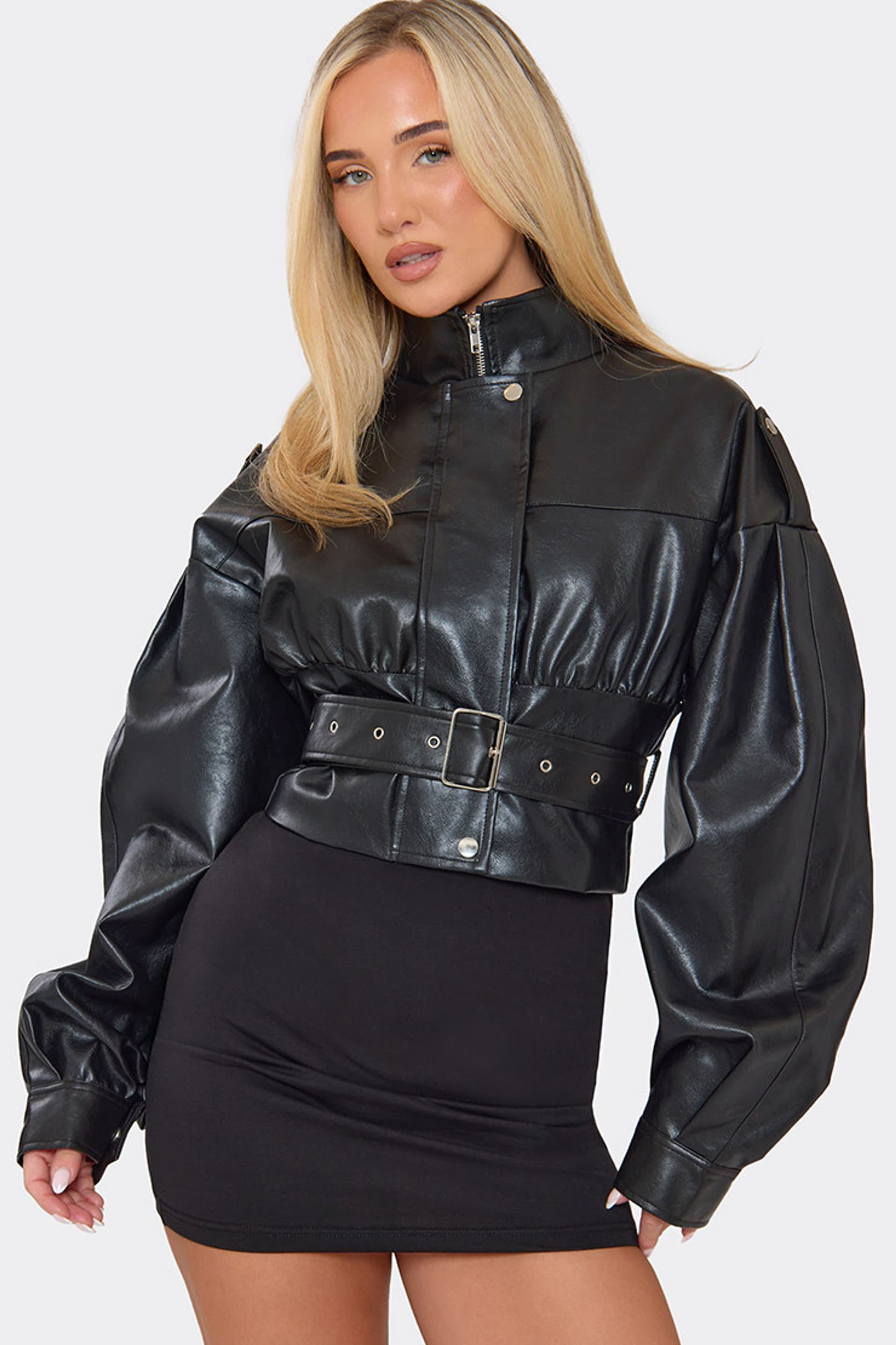 EGO EGO Women's Long Sleeve Belted High Neck Faux Leather Crop Jacket in Black