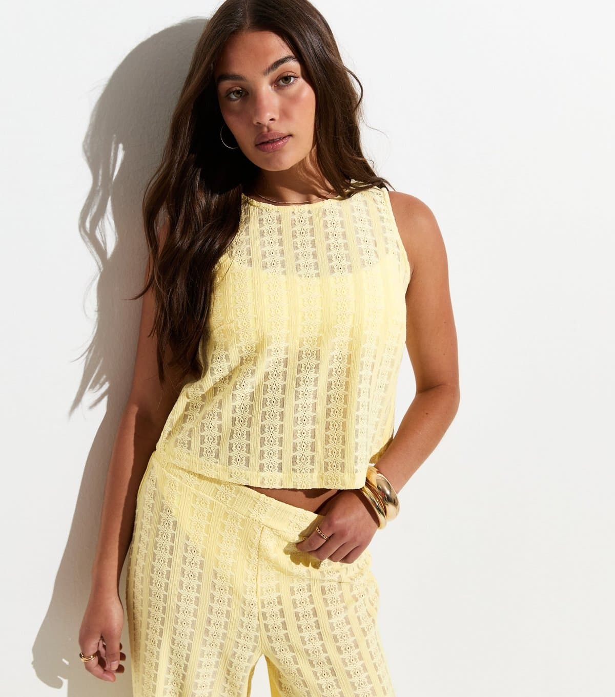 New Look Women's Light Yellow Lace Tie Back Beach Sleeveless Top New Look