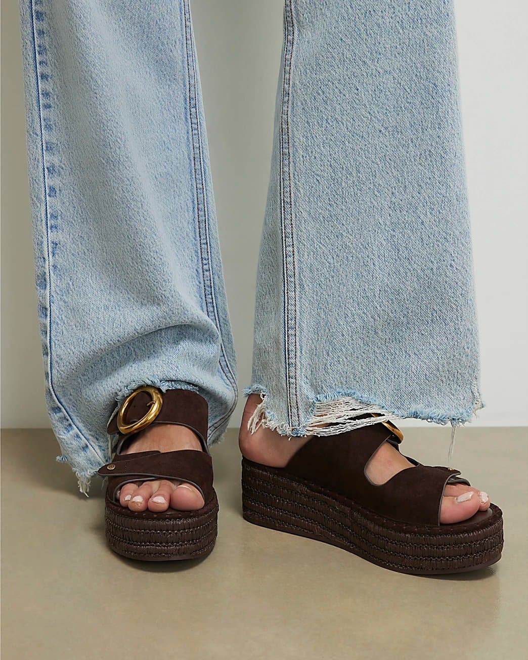 River Island River Island Womens Brown Ring Buckle Strap Wedge Sandals