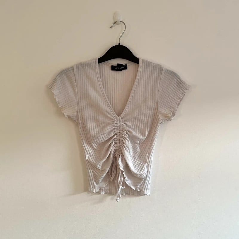 New Look Ruched White Ribbed Knit Top