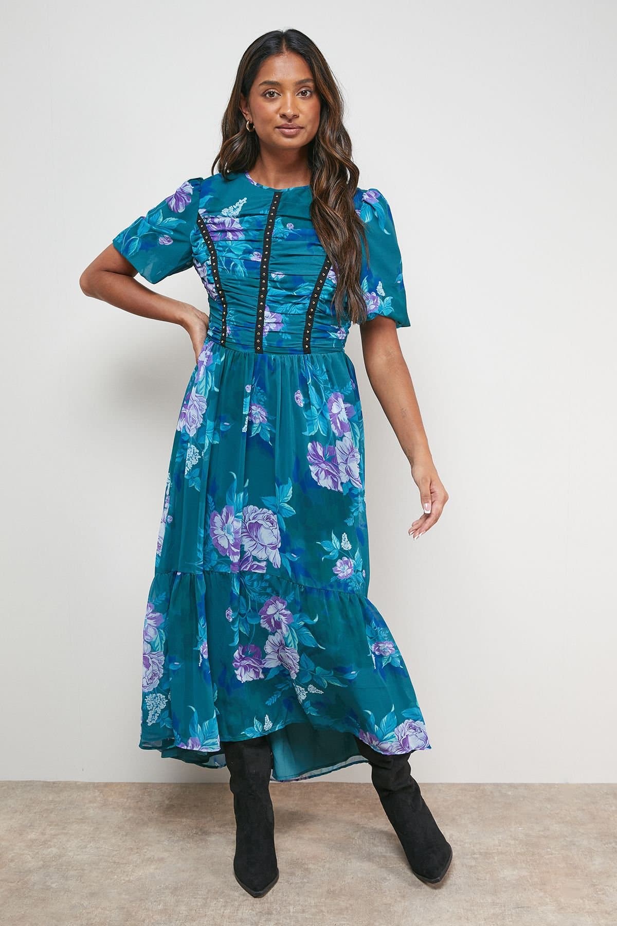 Oasis Oasis Women's Printed Ruched Bodice Trim Detail High Low Hem Midi Dress