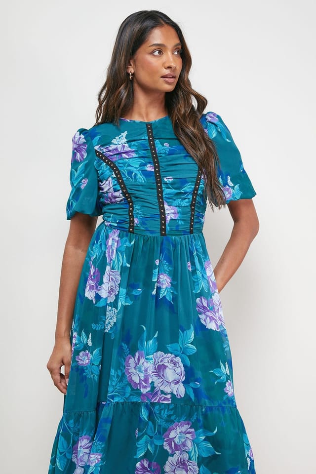 Oasis Oasis Women's Printed Ruched Bodice Trim Detail High Low Hem Midi Dress - 2