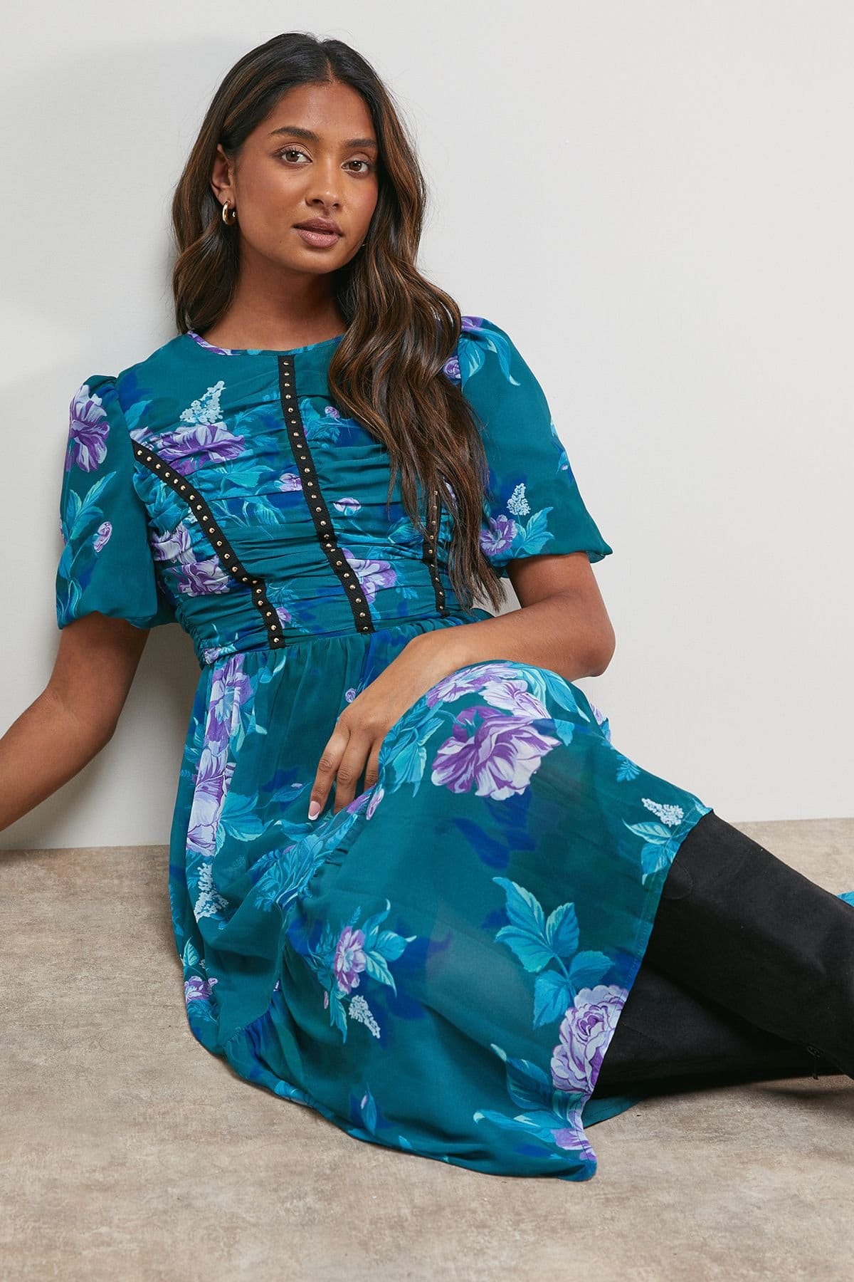 Oasis Oasis Women's Printed Ruched Bodice Trim Detail High Low Hem Midi Dress - 4