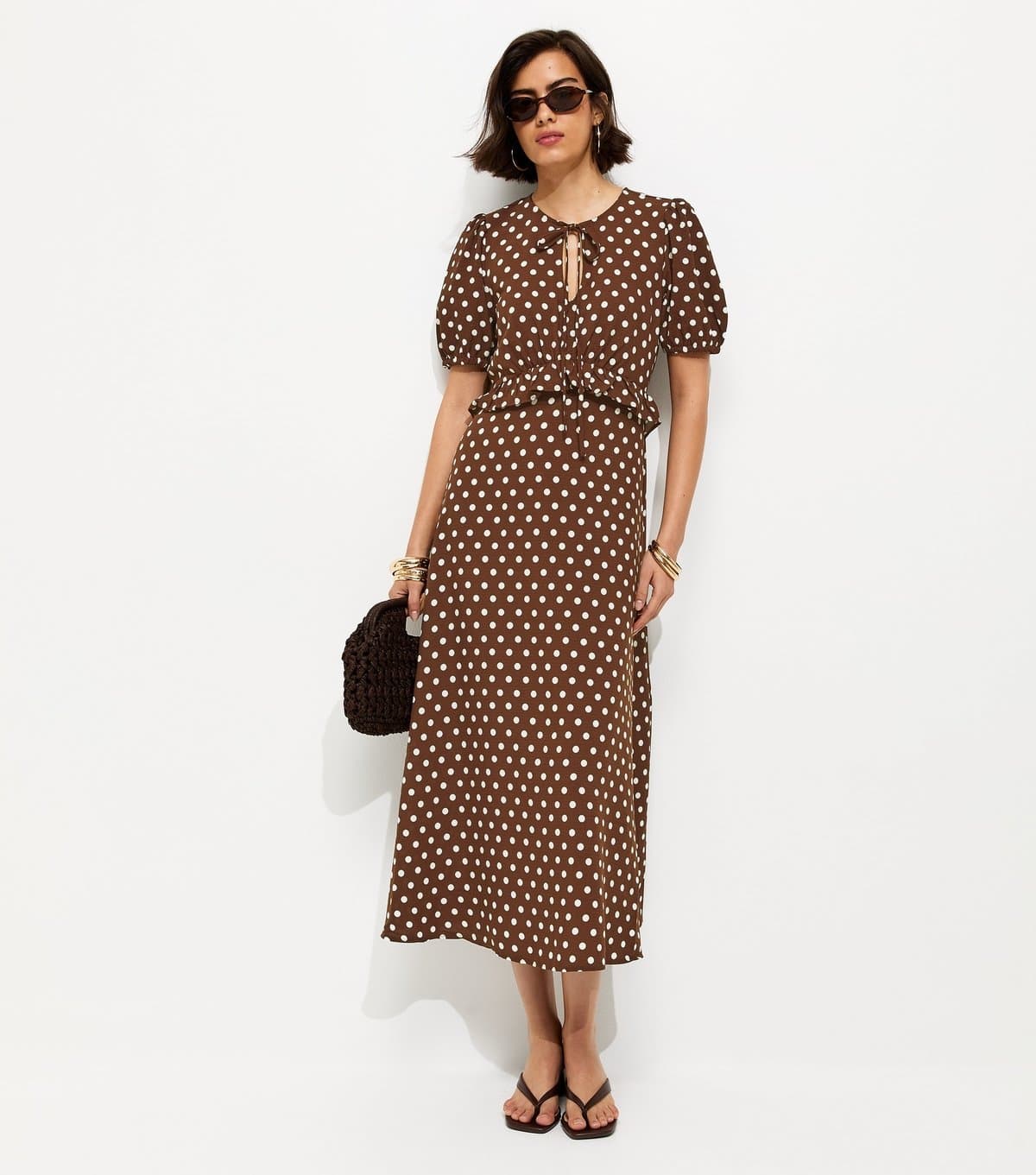 New Look Women's Brown Polka Dot Short Sleeve Keyhole Midi Dress New Look