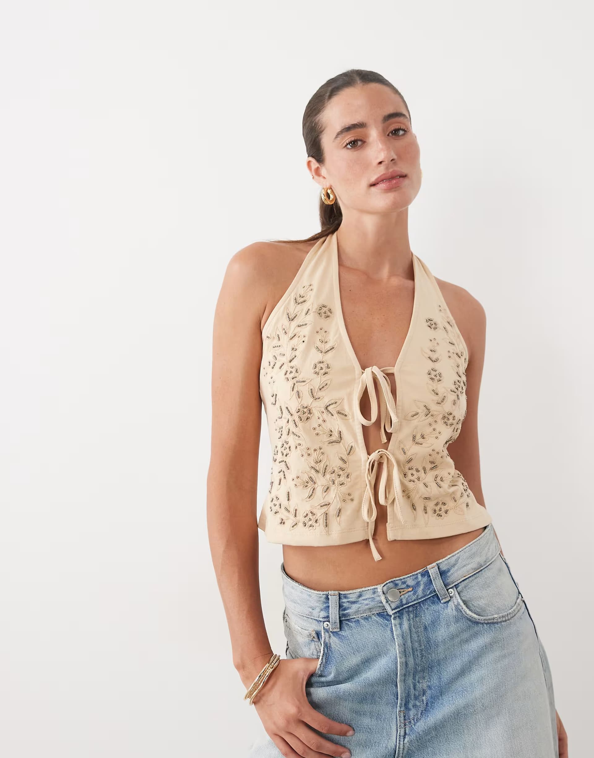 ASOS Miss Selfridge embellished tie front halter top