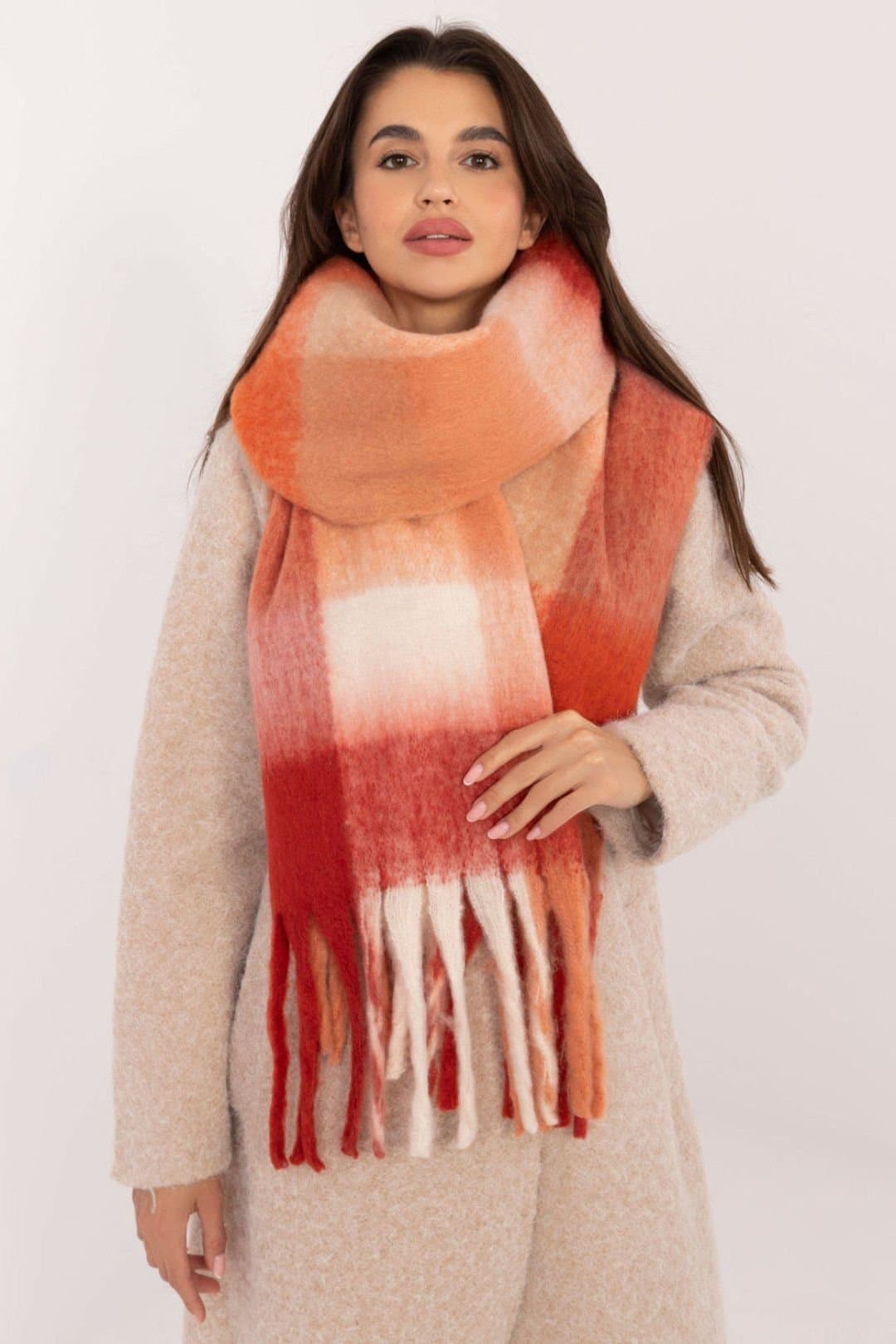 Love Lace Love Lace Women's Elegant Classic Check Polyester Scarf with Tassels Warm Style in Red
