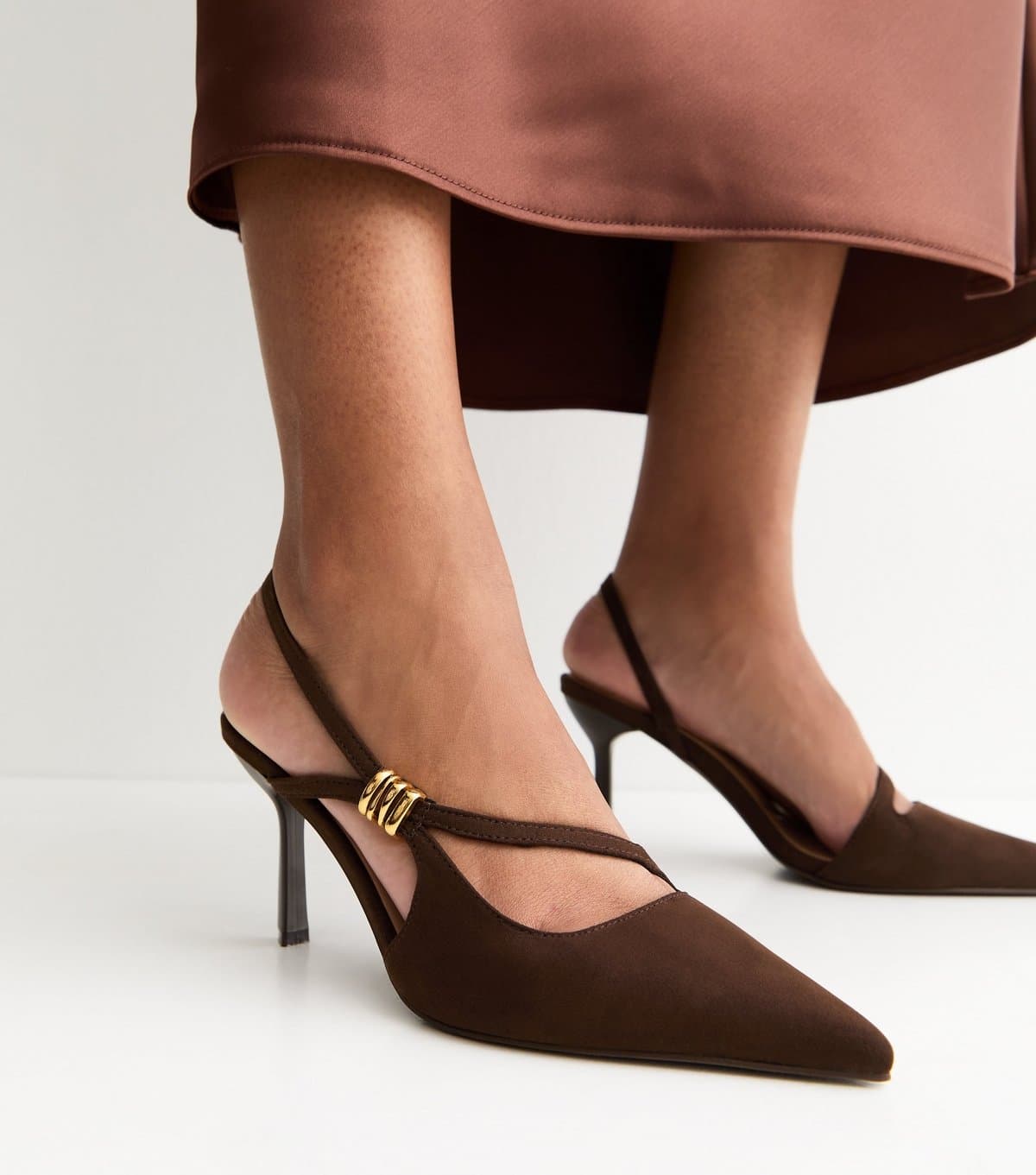 New Look Women's Dark Brown Asymmetric Strap Slingback Court Shoes Vegan New Look