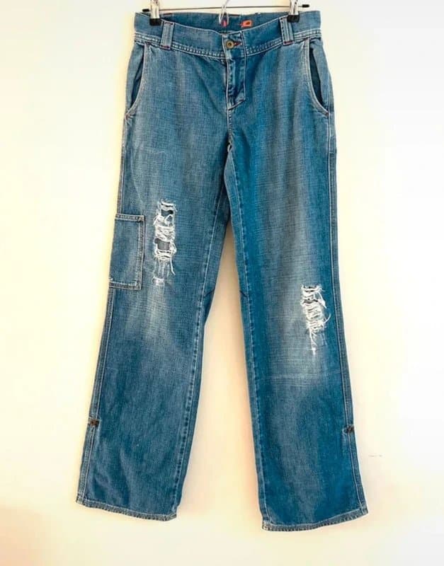 Vintage Dressing 💙 Y2K Cargo Jeans Wide Leg Distressed Denim Blue Low Rise Skater UK 10