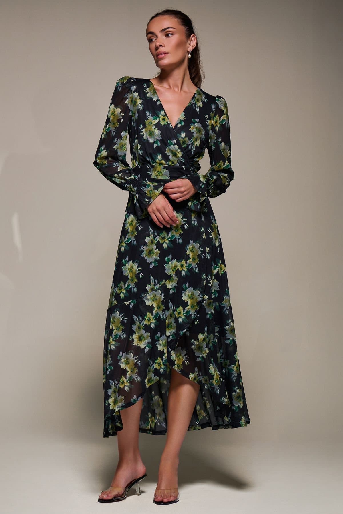 Jolie Moi Jolie Moi Women's Ruffle Cuffed Sleeve Frill Mesh Maxi Dress