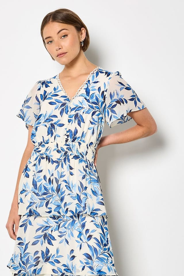 Apricot Apricot Women's Watercolour Leaves Chiffon Tiered Maxi Dress in Blue - 2