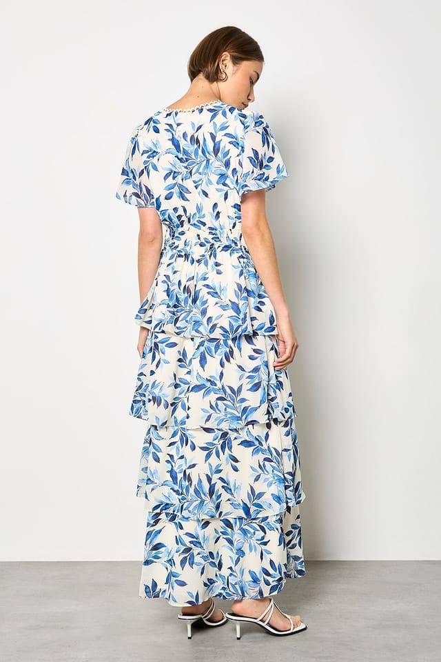 Apricot Apricot Women's Watercolour Leaves Chiffon Tiered Maxi Dress in Blue - 3