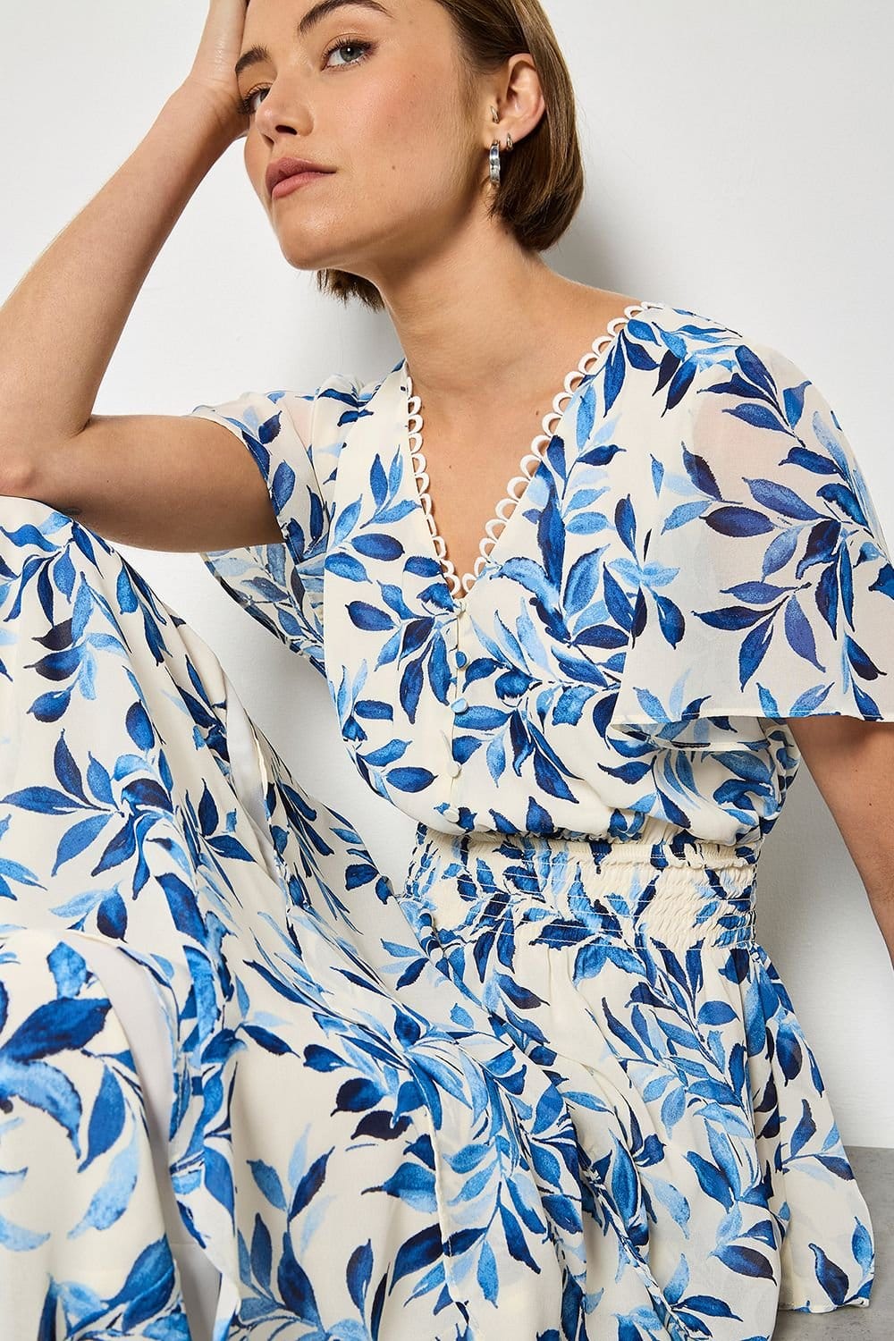 Apricot Apricot Women's Watercolour Leaves Chiffon Tiered Maxi Dress in Blue - 4