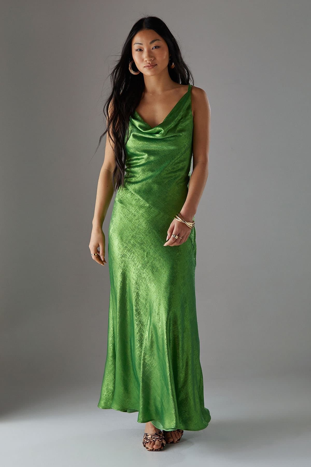Warehouse Warehouse Women's Petite Metallic Lame Cowl Neck Maxi Dress in Green