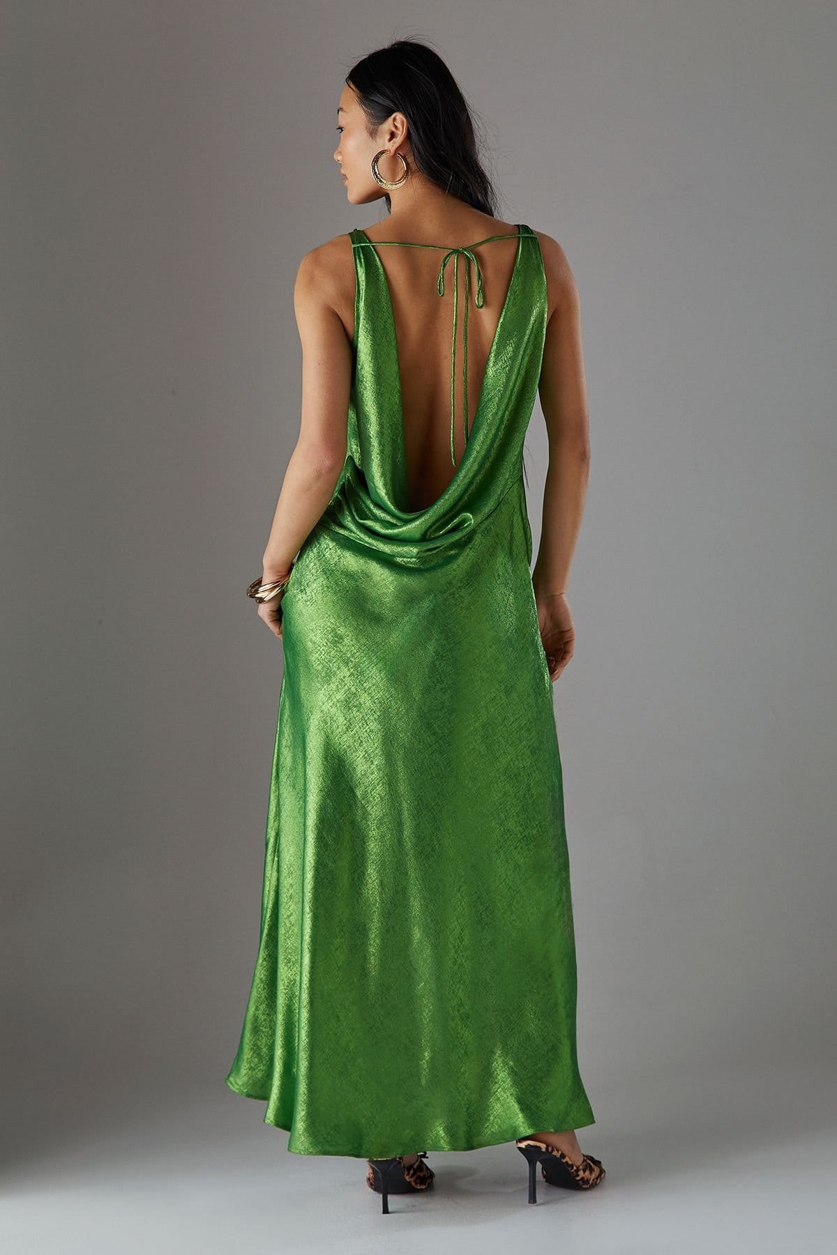 Warehouse Warehouse Women's Petite Metallic Lame Cowl Neck Maxi Dress in Green - 4