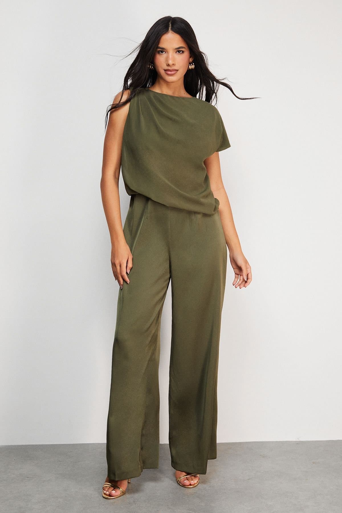 Warehouse Warehouse Women's Satin Chiffon Mix One Shoulder Drape Jumpsuit in Dark Olive