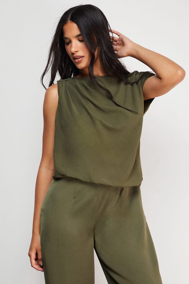 Warehouse Warehouse Women's Satin Chiffon Mix One Shoulder Drape Jumpsuit in Dark Olive - 2