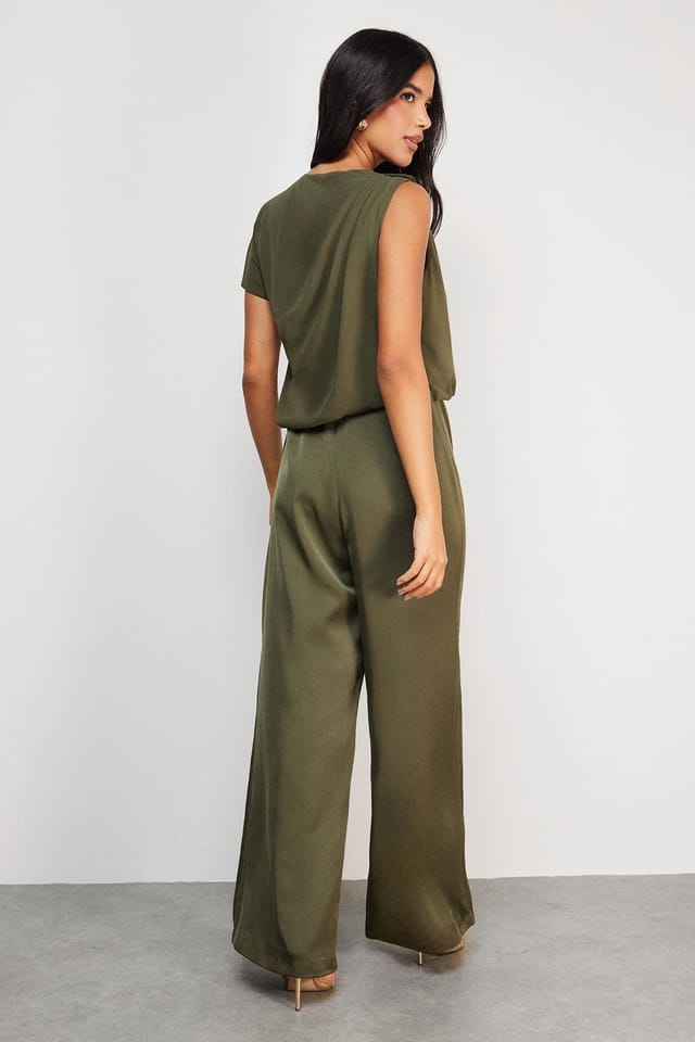 Warehouse Warehouse Women's Satin Chiffon Mix One Shoulder Drape Jumpsuit in Dark Olive - 3