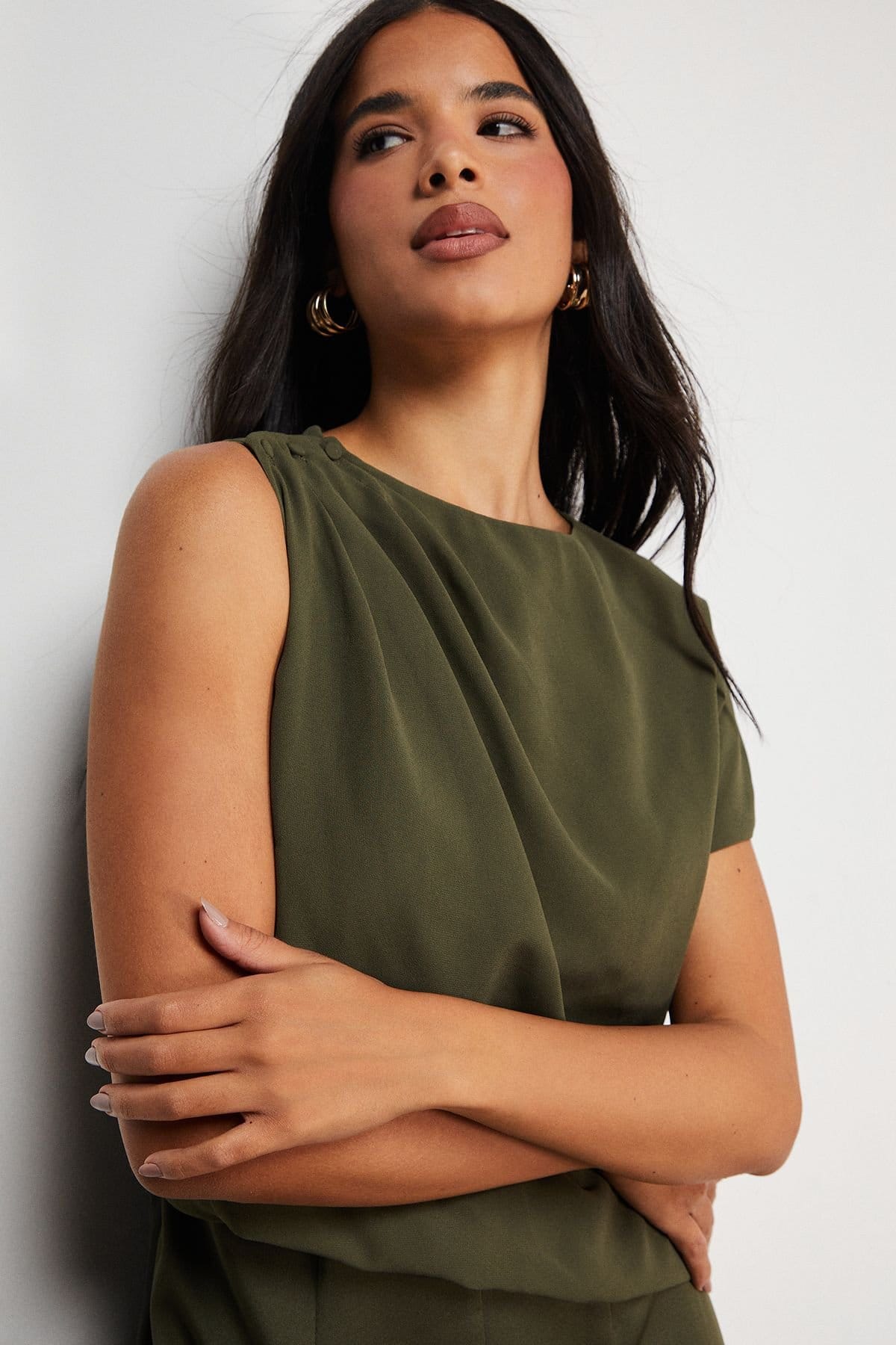 Warehouse Warehouse Women's Satin Chiffon Mix One Shoulder Drape Jumpsuit in Dark Olive - 4