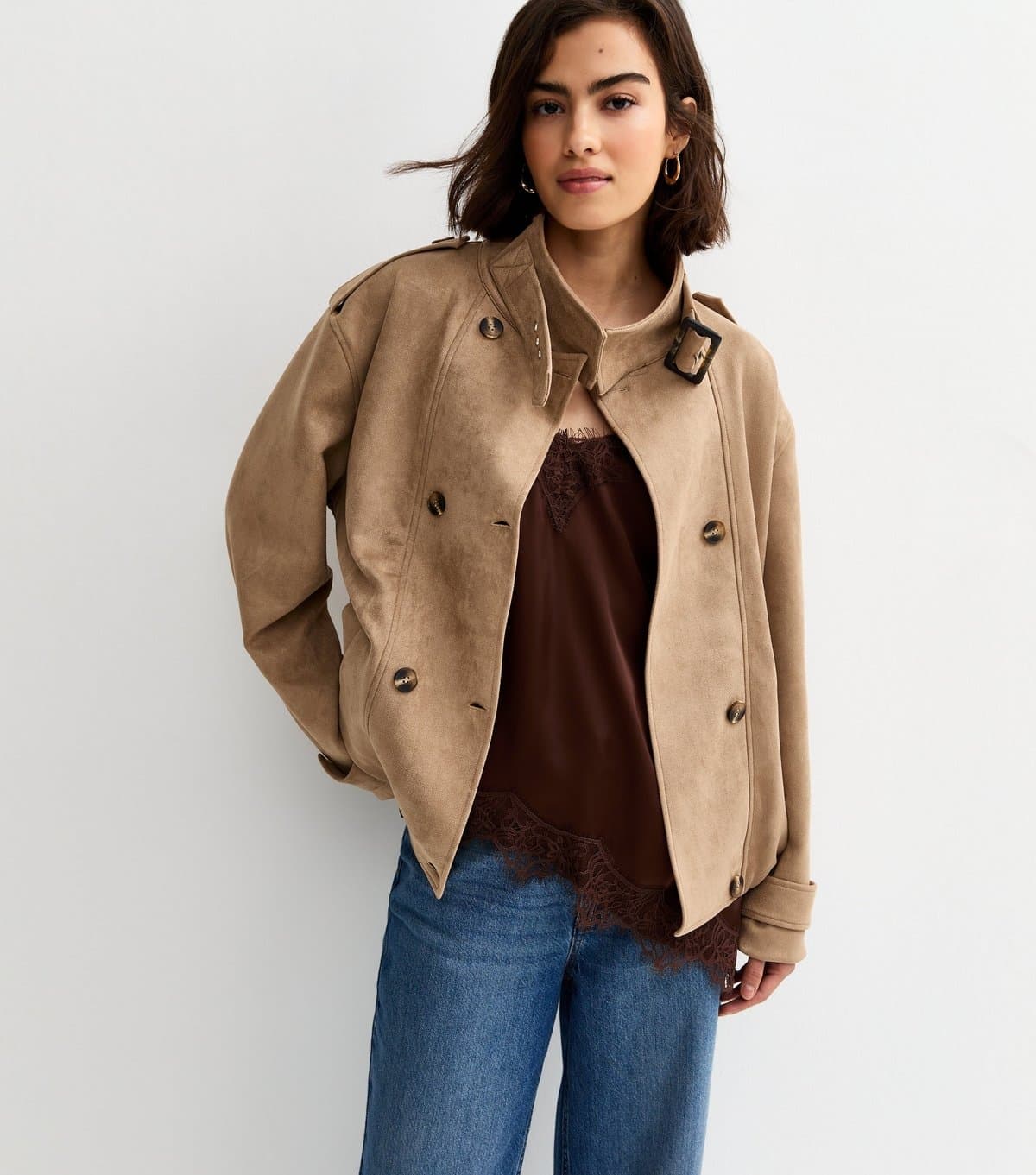 New Look Women's Camel Faux Suede Double Breasted Bomber Jacket New Look