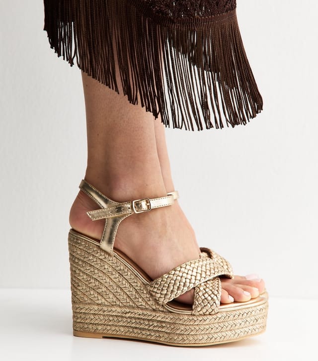 New Look Women's Wide Fit Gold Faux Leather Braided Wedge Sandals Vegan New Look - 2