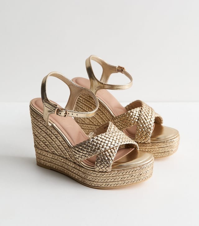 New Look Women's Wide Fit Gold Faux Leather Braided Wedge Sandals Vegan New Look - 3