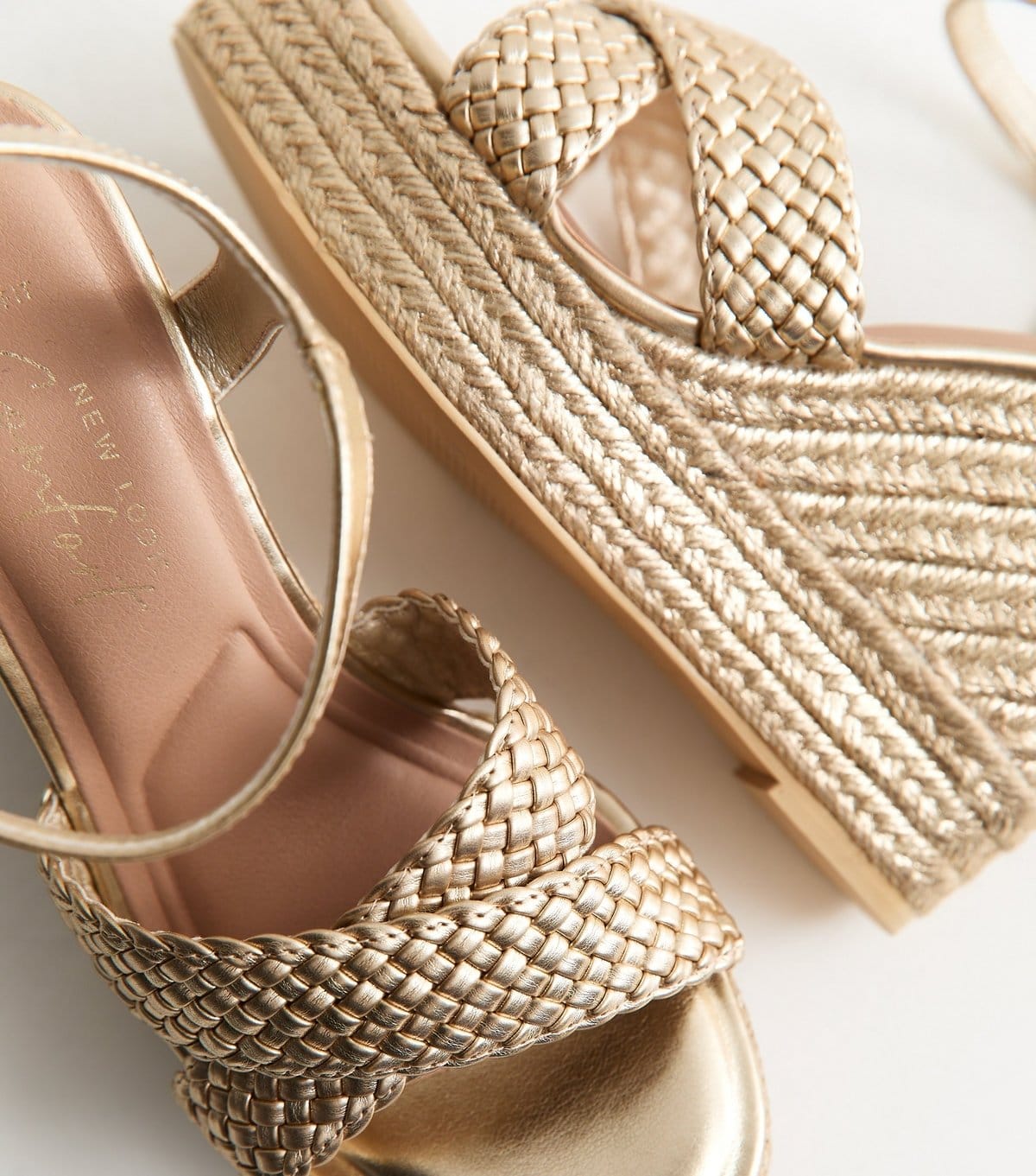 New Look Women's Wide Fit Gold Faux Leather Braided Wedge Sandals Vegan New Look - 4
