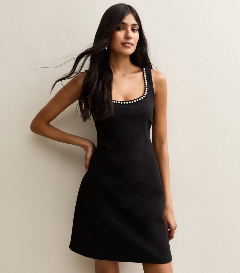 New Look Women's Black Faux Pearl Embellished Scoop Neck Mini Dress New Look - 1