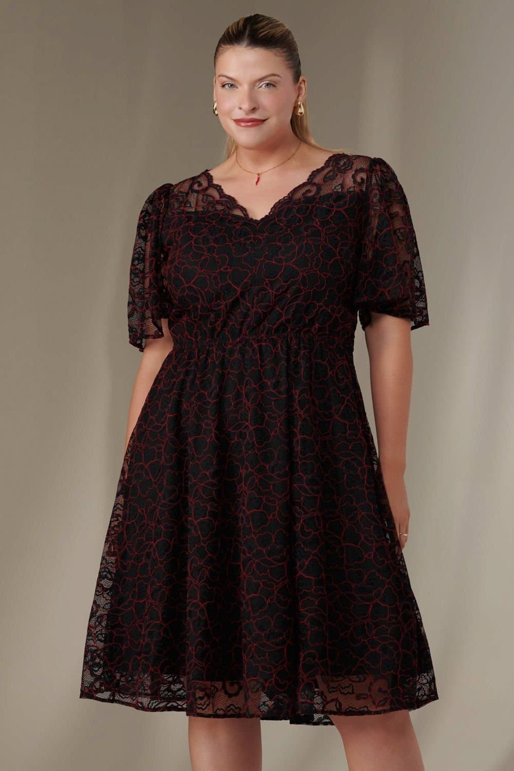 Jolie Moi Jolie Moi Women's Flare Sleeved Lace Midi Dress
