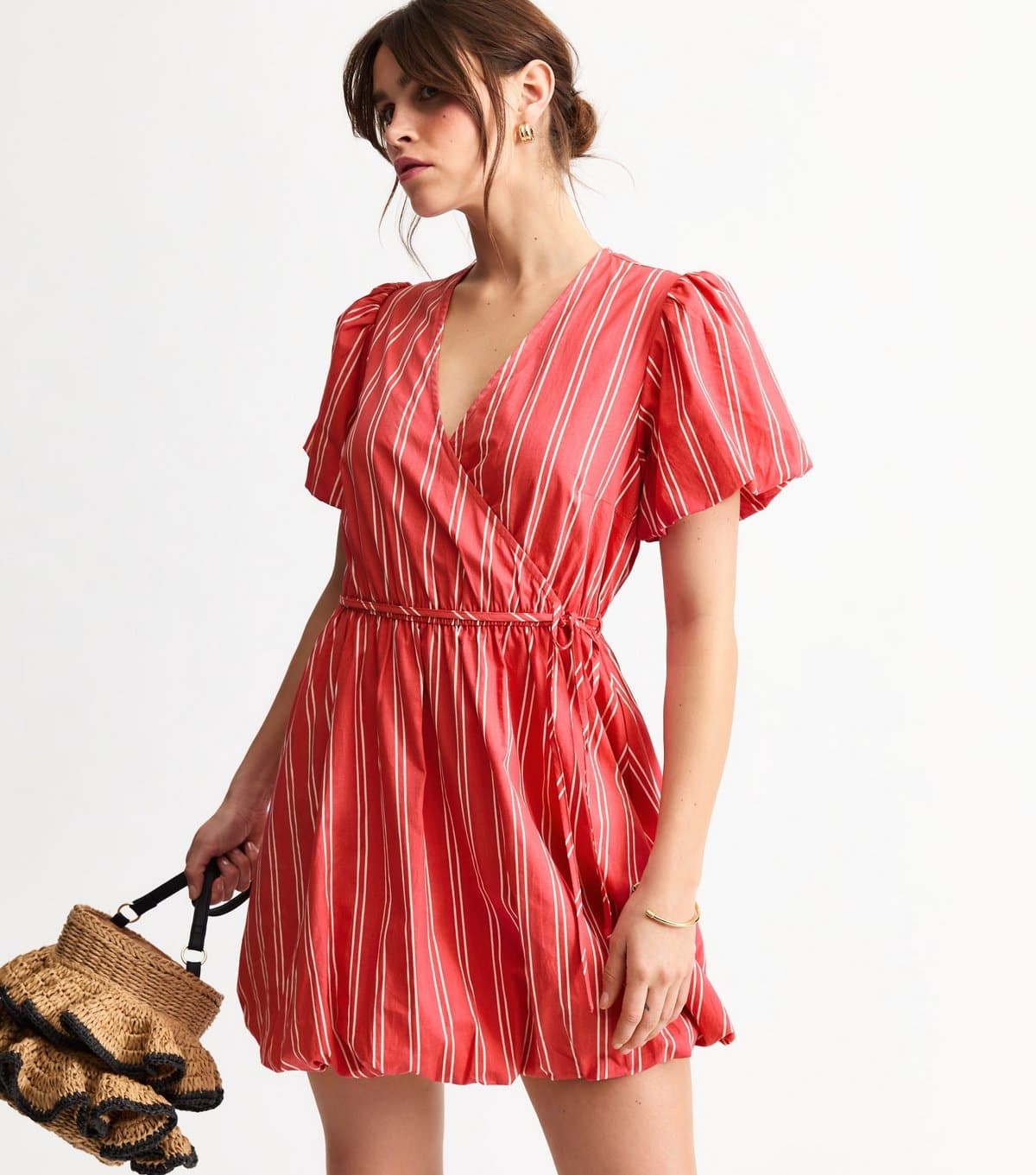 New Look Women's Red Stripe Print Puffball Wrap Mini Dress New Look