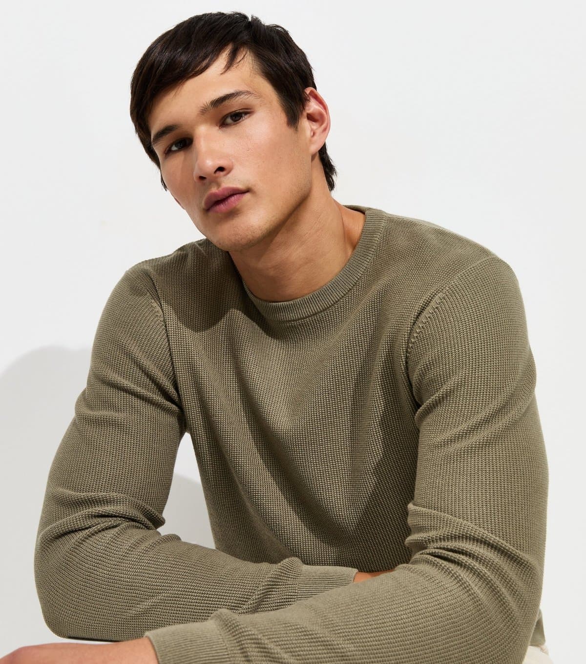 New Look Men's Light Khaki Regular Cotton Rich Crew Neck Jumper New Look