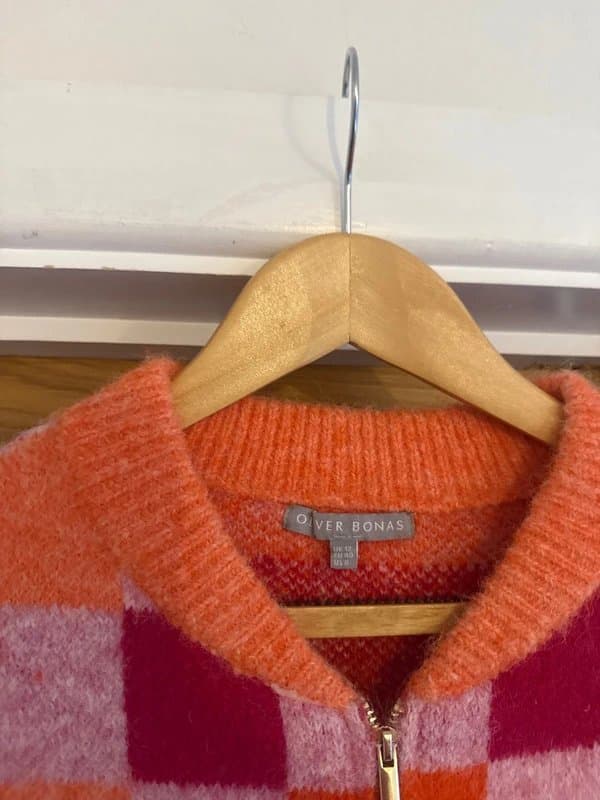 Oliver Bonas Oliver Bonas Orange Pink Retro Checkerboard Wool Blend Sleeveless Zip Front Waistcoat Sweater Vest