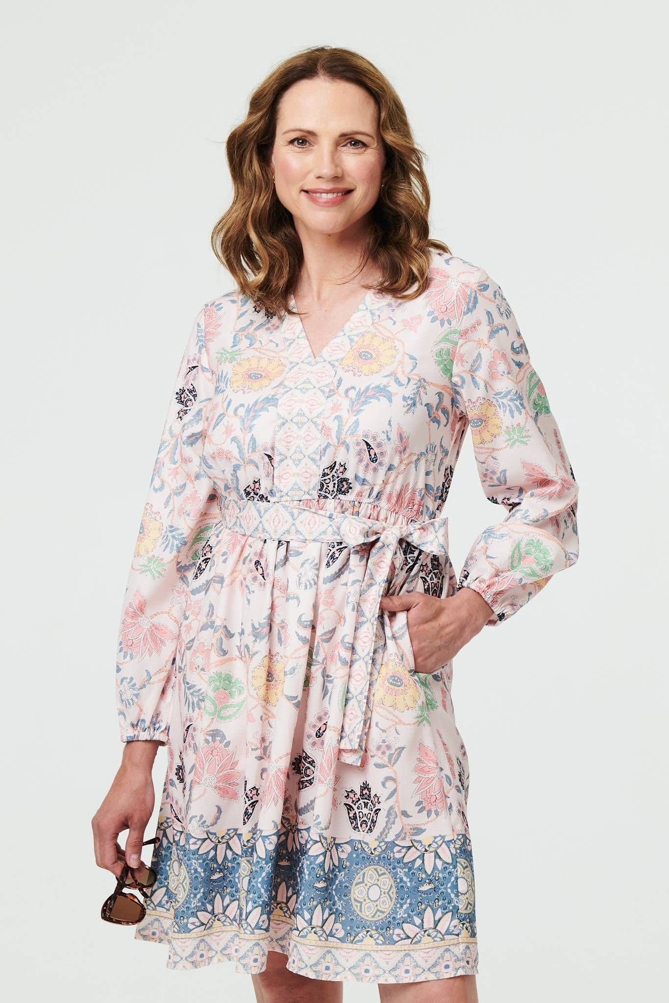 Izabel London Izabel London Women's Border Print Tie Waist Knee Length Dress in Pink