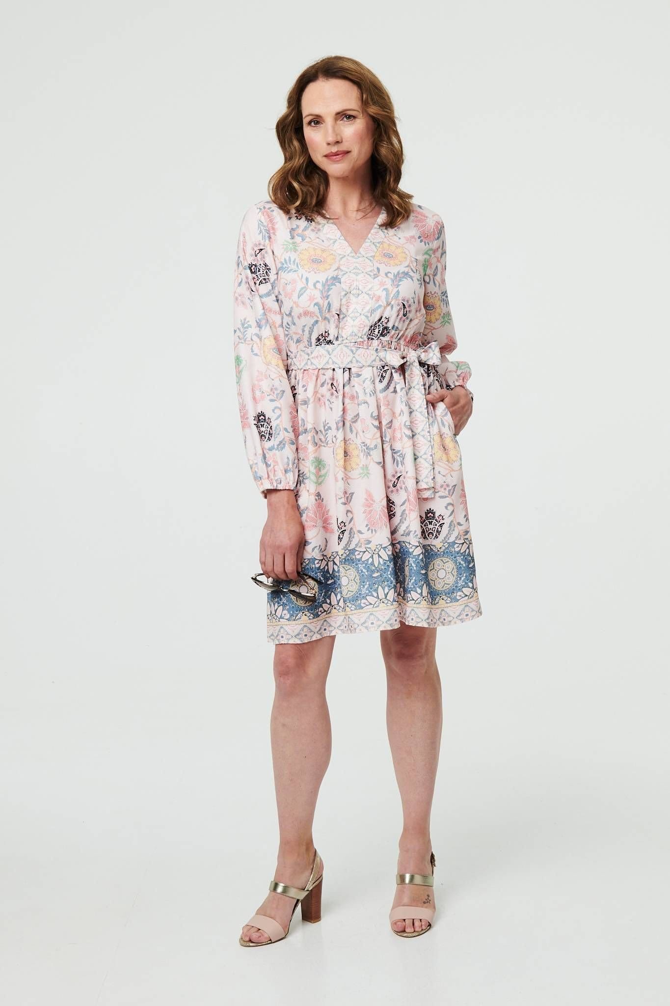 Izabel London Izabel London Women's Border Print Tie Waist Knee Length Dress in Pink - 4