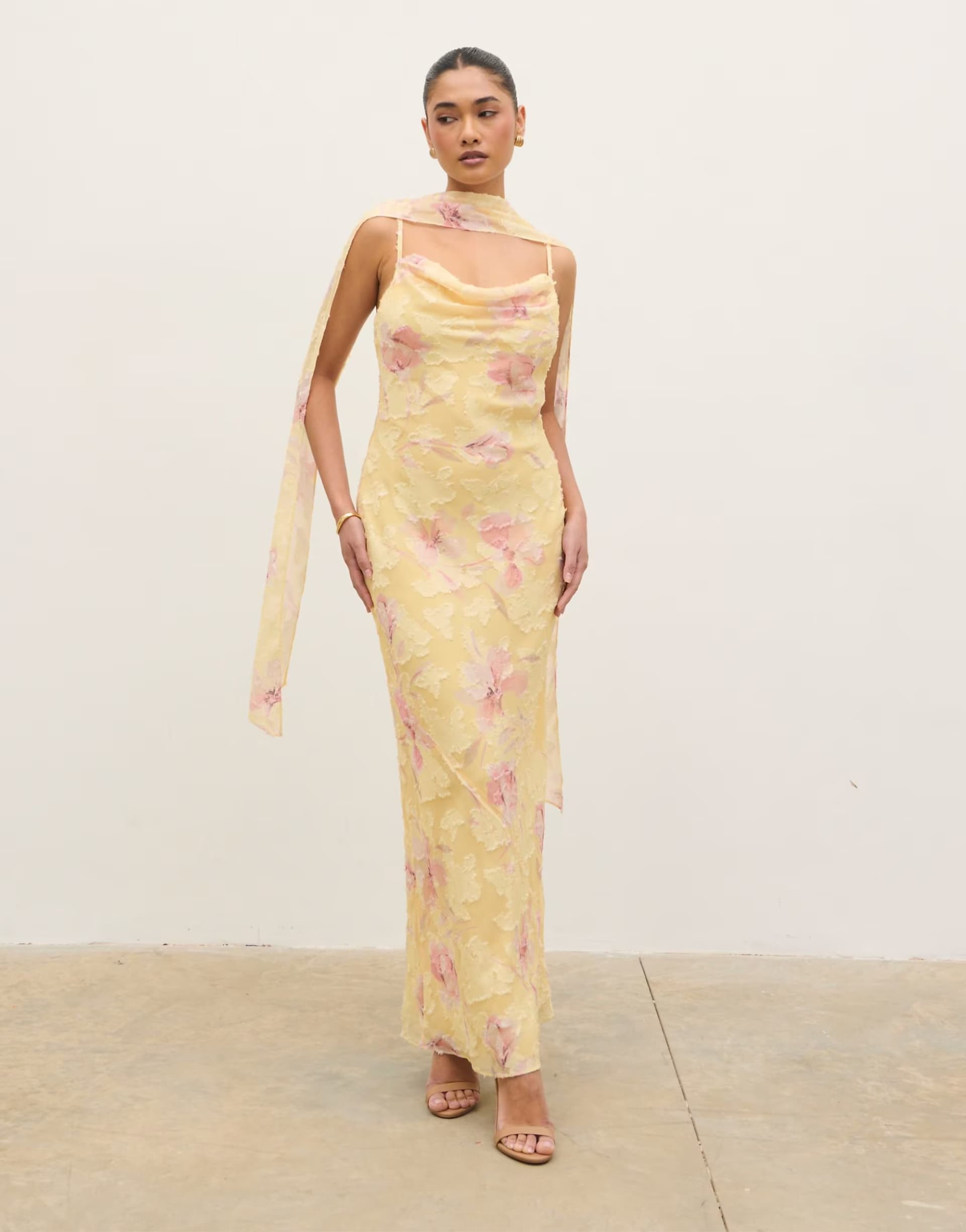 ASOS Pretty Lavish Eden scarf cowl neck printed jacquard maxi dress in lemon floral