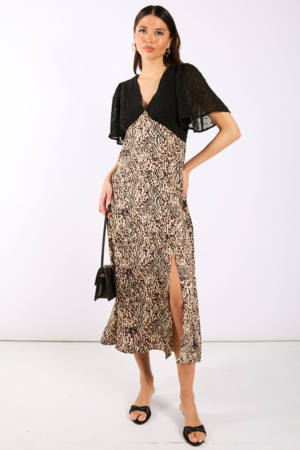 Needs No Label Needs No Label Women's Animal Satin Mix Flutter Sleeve Midi Dress in Black - 2