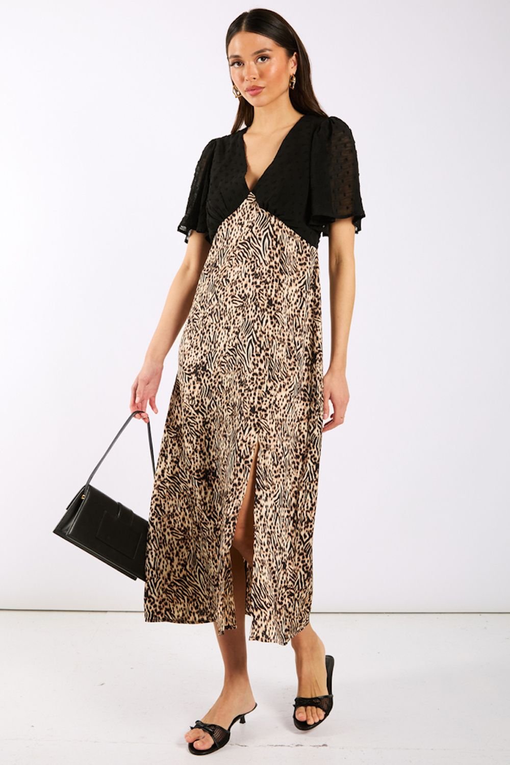 Needs No Label Needs No Label Women's Animal Satin Mix Flutter Sleeve Midi Dress in Black - 3