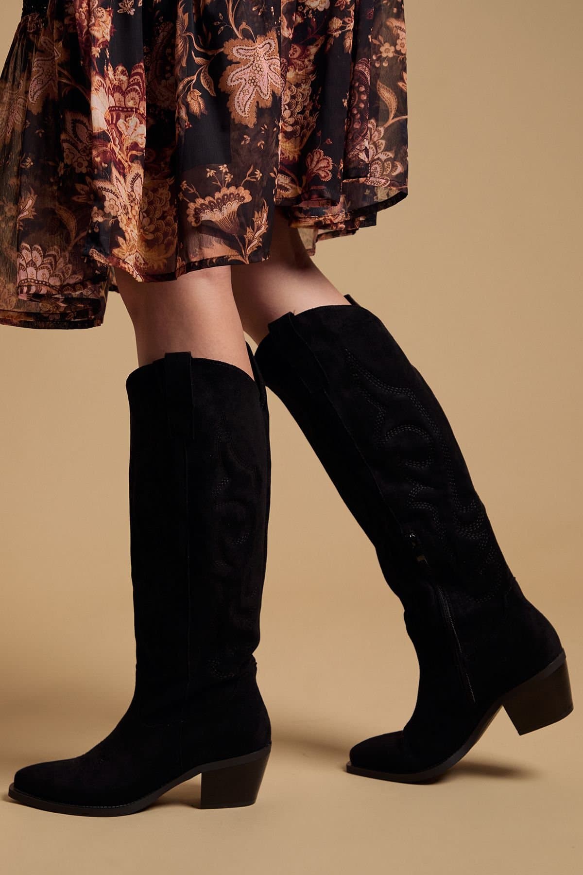Oasis Oasis Women's Jess Faux Suede Embroidered Western Knee Boots in Natural Black
