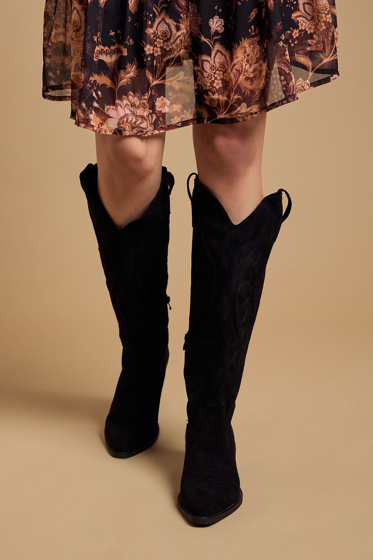 Oasis Oasis Women's Jess Faux Suede Embroidered Western Knee Boots in Natural Black - 2