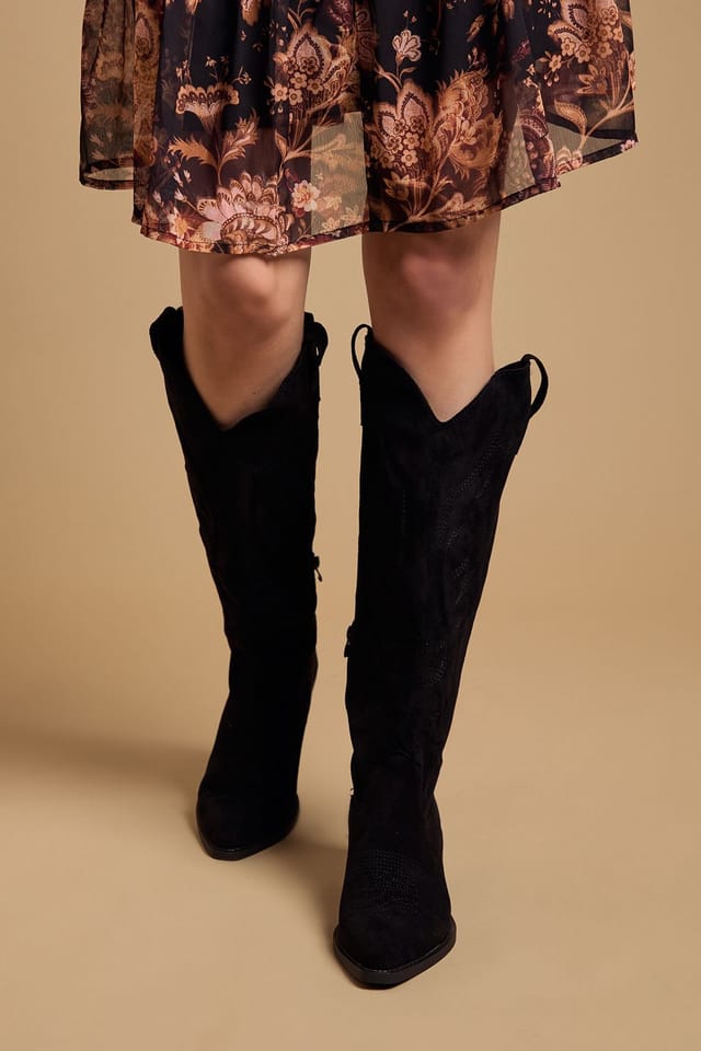 Oasis Oasis Women's Jess Faux Suede Embroidered Western Knee Boots in Natural Black - 2