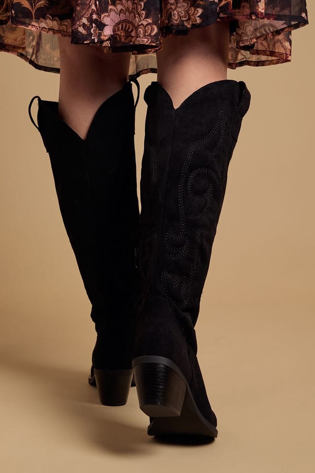 Oasis Oasis Women's Jess Faux Suede Embroidered Western Knee Boots in Natural Black - 3