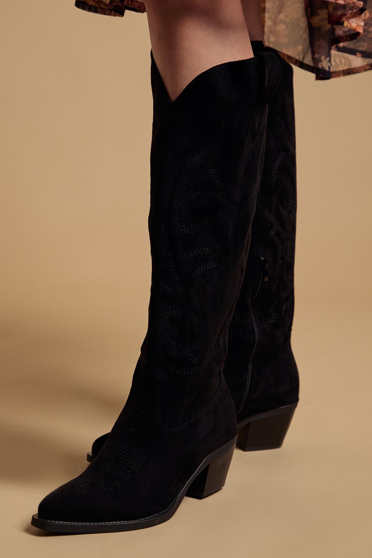 Oasis Oasis Women's Jess Faux Suede Embroidered Western Knee Boots in Natural Black - 4